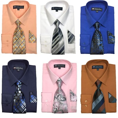 #ad New Men#x27;s Cotton Blend Dress Shirt with Tie and Handkerchief 22 colors 21 $18.95