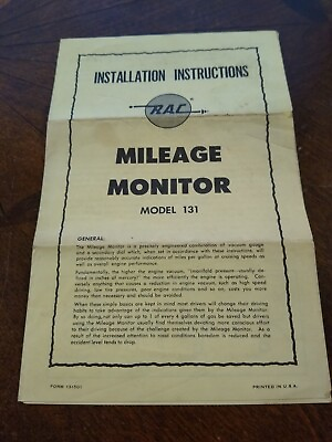 #ad Vintage RAC Mileage Monitor model 131 Installation Instructions $14.75