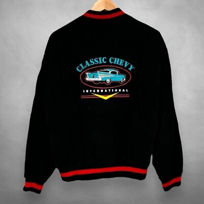 #ad Vintage 90s Classic Chevy International Jacket Mens Medium Black Cars Chevrolet $42.18