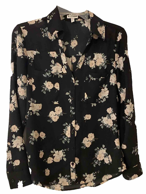 Express Portofino Shirt Womens Small Black Floral Long Sleeve Roll TabButton Top #ad #ad $12.95