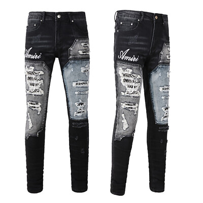 #ad New Pop Style Ripped Patchwork Pants Men#x27;s Skinny Fit Black Denim Jeans AM1322C $58.15