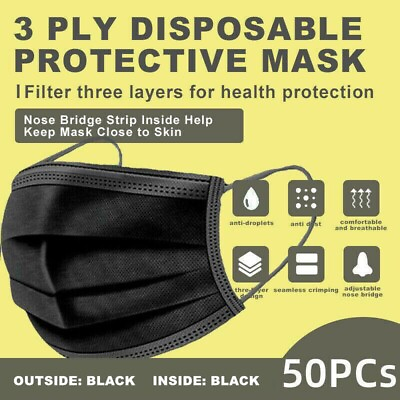 #ad 【50 Pcs】Black 3Ply Face Mask Disposable Non Medical Surgical Earloop Mouth Cover $4.90