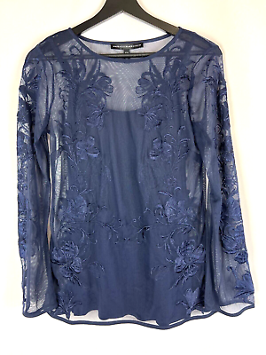 #ad White House Black Market Blue Floral Embroidered Mesh L S Inner Cami Top XXS $8.00