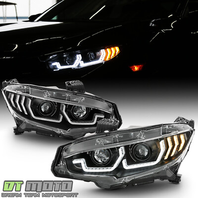 For 2016 2021 Honda Civic Black LED Tube Sequential Signal Projector Headlights $324.99