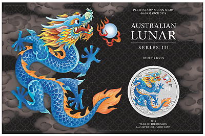 2024 Lunar Year of the Dragon 1oz BLUE Silver $1 Coin PERTH STAMP AND COIN SHOW #ad $99.97