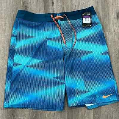 NWT Nike 32W Blue Drawstring Unlined Swim Trunks Blue Stripe Pattern #ad $35.00