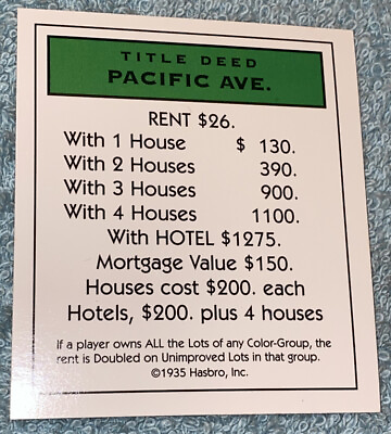 #ad 1997 Parker Brothers Monopoly Replacement Pacific Ave Property Card $6.97