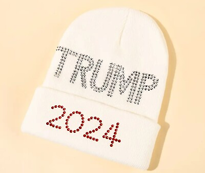 #ad Trump MAGA 2024 White Rhinestone Beanie Cap Hat $14.99