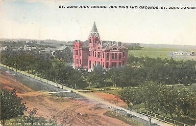 #ad Vintage 1909 Postcard St John High School Building amp; Grounds Kansas photo color $9.98