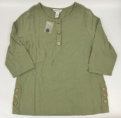 #ad NEW Draper#x27;s amp; Damon#x27;s Cotton Scoop Neck Botton Slit Shirt L Green D15943 Womens $24.90