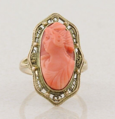 #ad 10k Yellow Gold Angel Skin Coral Cameo Ring size 4.25 $435.00