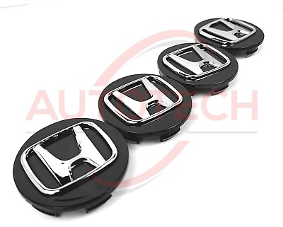 #ad Set of 4 Honda Black Wheel Rim Center Caps Chrome Logo 69MM 2.75 $17.99