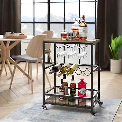 Homfa Wine Bar Cart Small Rolling Serving Cart with Wine Rack and Glass Holders $56.67