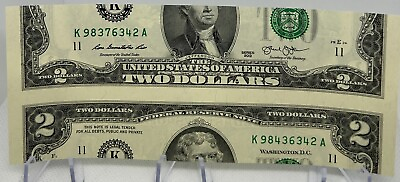 #ad Miscut Bill Uncirculated $2 Bill Fancy Serial Number $16.99