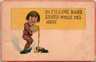 #ad I’m Filling Dad’s Shoes While He’s Away Postcard Girl Putting Oil In Shoes 1914 $8.75