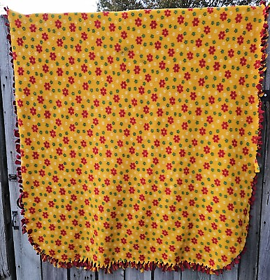 #ad Vtg Yellow Red Green Floral Flower Power Fleece Tie Blanket Throw 54quot; X 45quot; $25.00