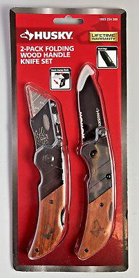 #ad Husky 2 Pack Folding Wood Handle Knife Set Stainless Steel Frame Dual Edge $19.98