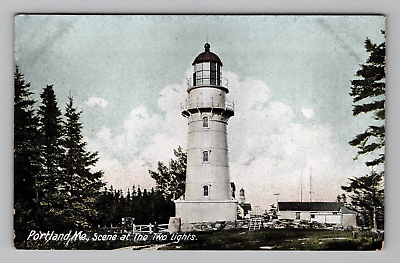 #ad Postcard ME Lighthouse Scene At The Two Lights Road View Portland Maine $11.95