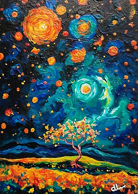 #ad quot;Starry Valleyquot; ACEO Original Acrylic Painting Vintage Landscape Art Signed ATC $22.00