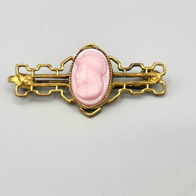 #ad Antique Dainty Pink Glass Left Facing Athena Gold Tone Brass Pin Brooch $21.19
