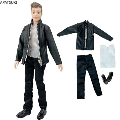 #ad Black Leather Motorcycle Style Clothes Set For Ken Boy Doll Outfits Jacket Pants $4.93