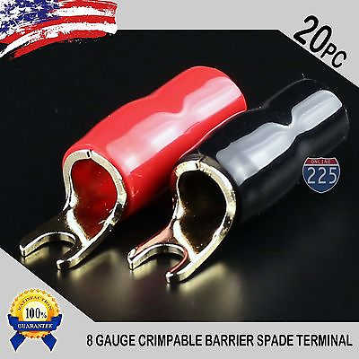 #ad GOLD PLATED SPADE FORK 8AWG GAUGE TERMINAL BLACK RED 20 PCS INSULATED CONNECTOR $10.95