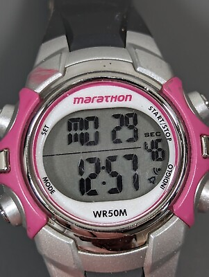 #ad Marathon Digital Day Date Alarm Timer Indiglo Pink Gray Watch $13.99