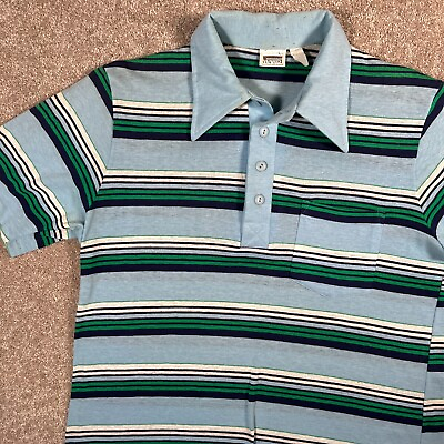 #ad Vintage 80s Montgomery Ward Golf Disco Polo Shirt Mens Large Striped Blue Green $15.93