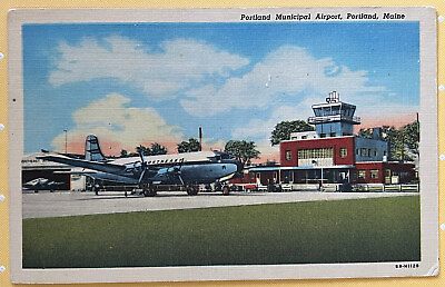 #ad Portland Maine Airport Northeast Airplane Vintage Postcard c1940 $11.95