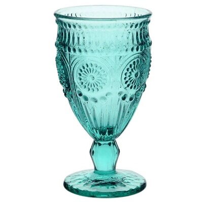 #ad Pioneer Woman Adeline Teal Water Goblet Stemmed Embossed Glass 12oz 10835844 $8.95
