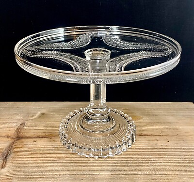 #ad Antique EAPG Clear Glass Pedestal Cake Stand Daisy Swirl Flowers 6.25” high $38.00