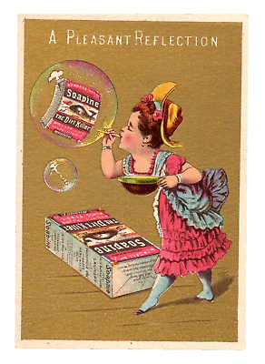 #ad c1890 Soapine Trade Card Dirt Killer Whale Girl Blowing Soap Bubbles Package Box $14.99