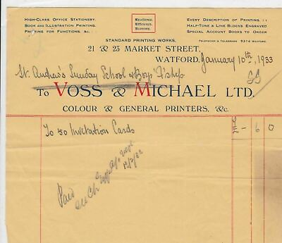 #ad Voss amp; Michael Ltd Watford 1933 Colour amp; General Printers Cards Receipt Rf 34315 GBP 8.00
