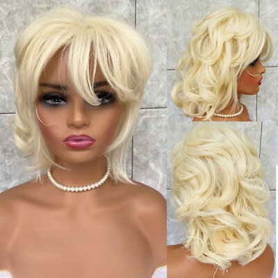 #ad Short Fluffy Curly Wavy Human Hair Blend Heat Ok Blonde #613 Women Natural Daily $25.19