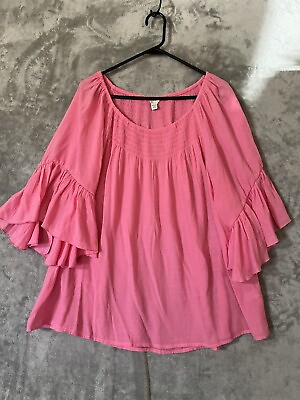 #ad Cato Pink Smocked Blouse Top On Off Shoulder Ruffle Sleeve Size 18 20 Gauzy $17.88