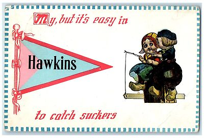 #ad 1914 My But Its Easy In Hawkins To Catch Suckers Cartoons Wisconsin WI Postcard $14.98
