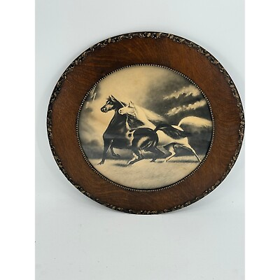 #ad Framed quot;Spirited Horsesquot; Black and White Round Wooden Wall Decor Antique $595.00