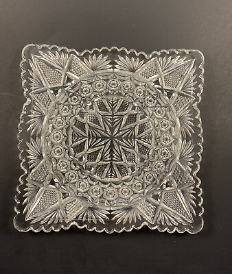 #ad EAPG ANTIQUE SQUARE 7.25quot; CLEAR GLASS CUP PLATE CROSS FORMEE PATTEE SCALLOPED $9.95
