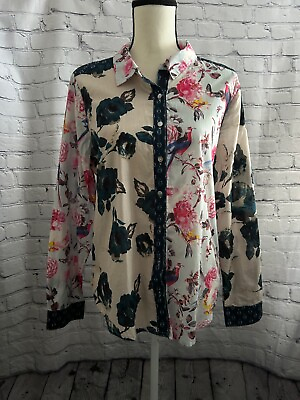 #ad SUNDANCE Floral Joy Bird 100% Cotton Button Down Shirt Top Size Medium $34.99