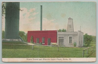 #ad Buda Illinois Water Tower Stand Pipe Electric Light Plant Water Works c1910 $10.00