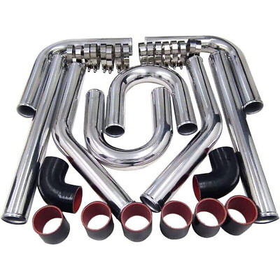 #ad 2quot; Inch Polished Aluminum Intercooler Pipe Kit Silicone Hose Clamp Universal $89.99