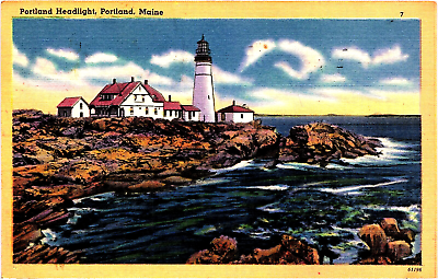 #ad Antique Linen Postcard Portland Headlight Portland Maine Posted 1957 $6.37