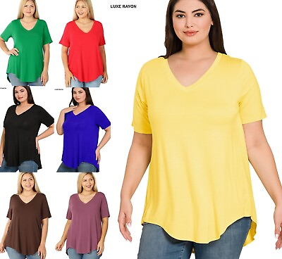 #ad #ad 1X 2X 3X Luxe Rayon V Neck Short Sleeve Top Hi Low Rounded Hem Loose Fit T Shirt $11.95