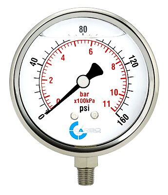 #ad 4quot; Pressure Gauge Stainless Steel Case Liquid Filled Lower Mnt 160 PSI $32.95