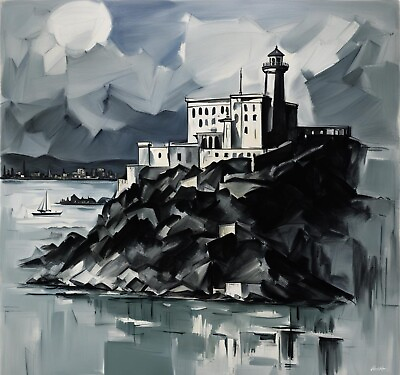 #ad original digital artwork black and white on canvas quot;Alcatraz Islandquot; 12x12 $33.60