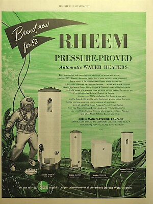 #ad Rheem Water Heaters Pressure Proved Deep Sea Diver Vintage Print Ad 1952 $16.77
