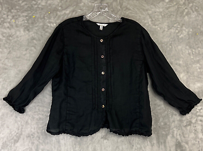#ad Kleen Top Womens Medium Black Button Up Blouse Long Sleeve Sheer Ramie Peplum $31.00