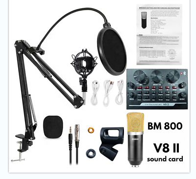 #ad BM 800 Condenser Mic Kit: Studio Pop Filter Scissor Arm V8 II Sound Card $24.99