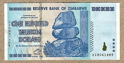 #ad Zimbabwe 100 Trillion Dollar EXTREMELY LOW Serial AA00...VF Money Inflation $395.00