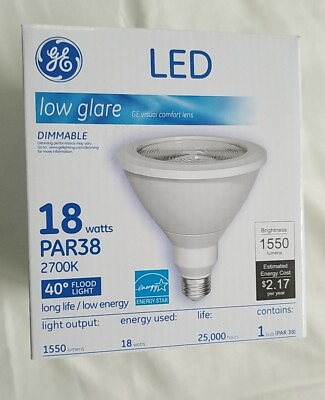 #ad GE low glare LED PAR38 Dimmable 18 watts 2700K 40 degree flood light NEW IN BOX $21.77